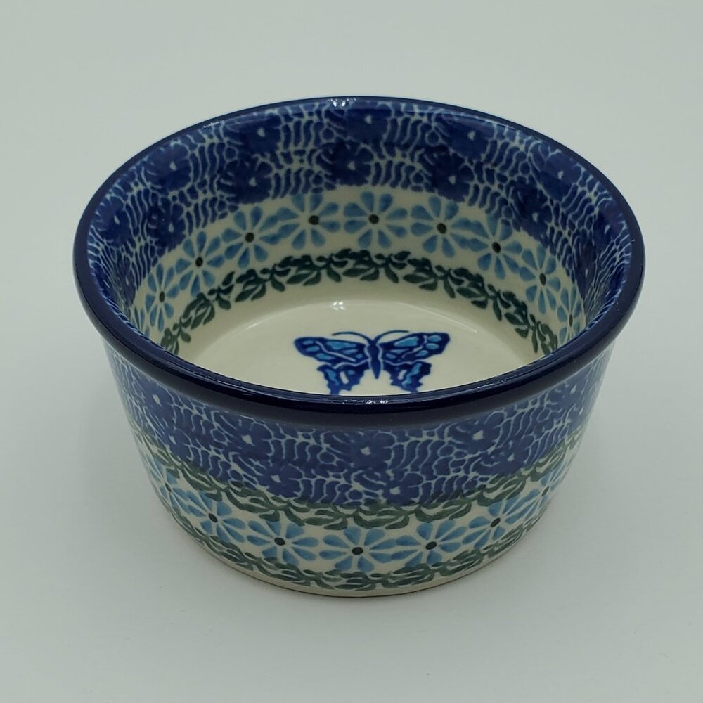 Polish Pottery Small Blue Butterfly Bowl Blue Flowers Ramekin Trinket Dish